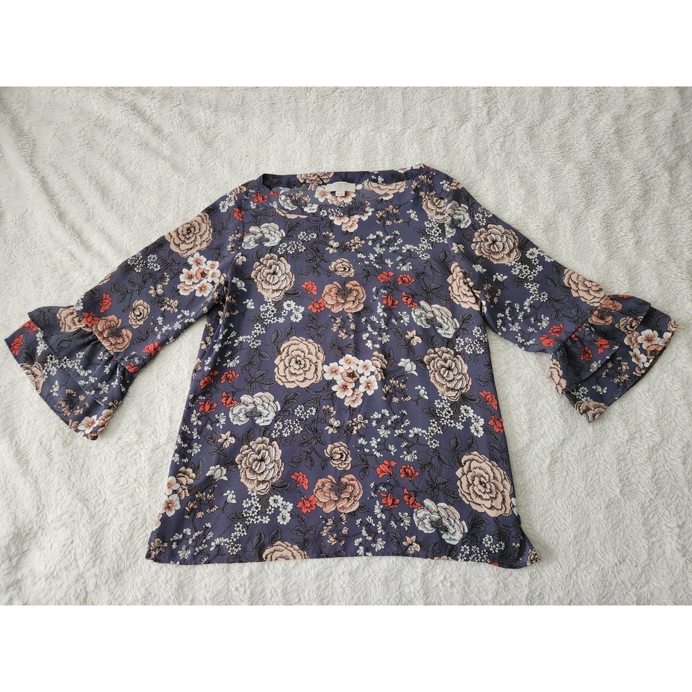 LOFT Outlet Petite SP Purple Floral Double Ruffle Sleeve Blouse Top Polyester